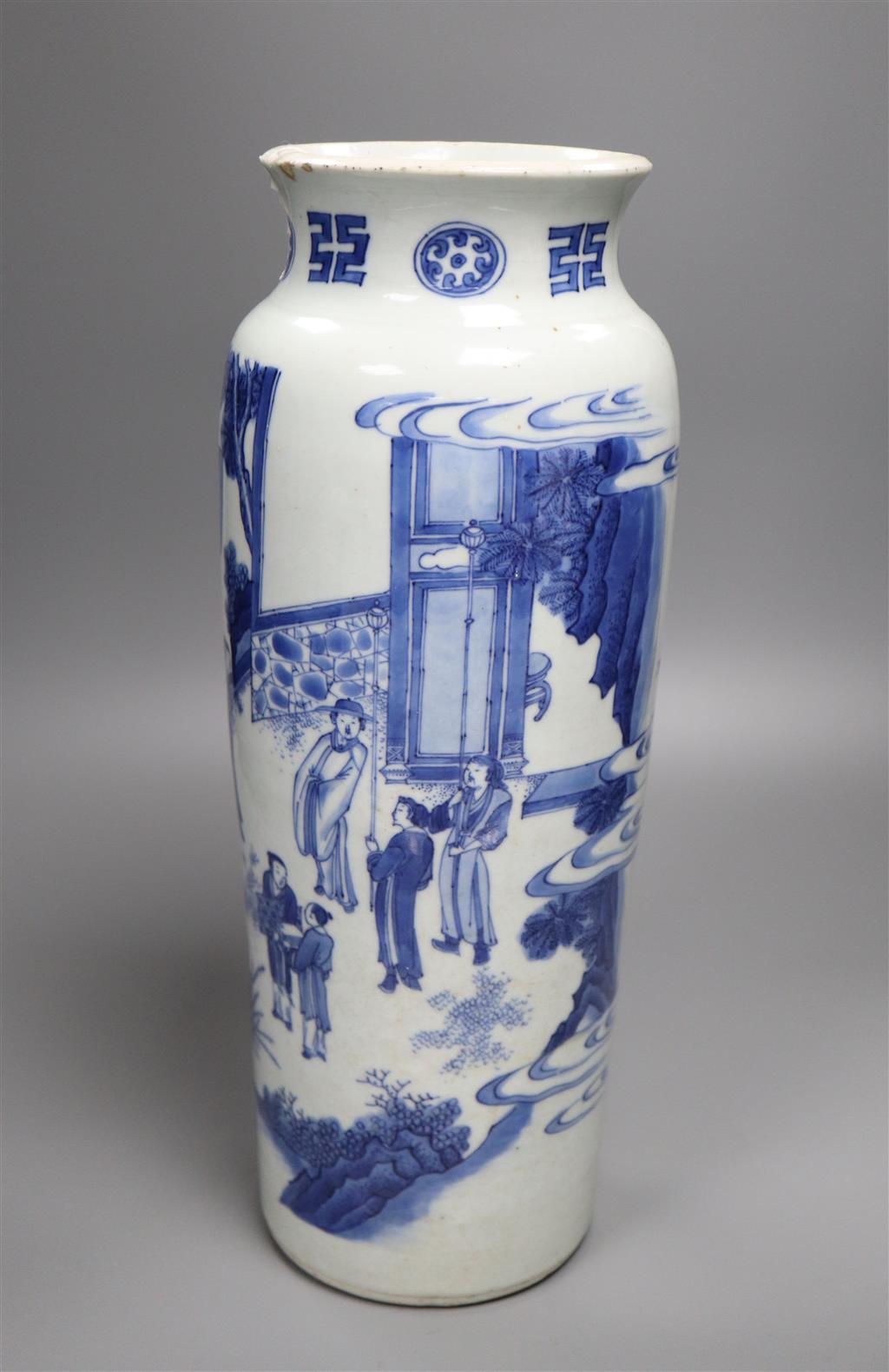 A Chinese Transitional blue and white sleeve vase, c.1640, 40cm high